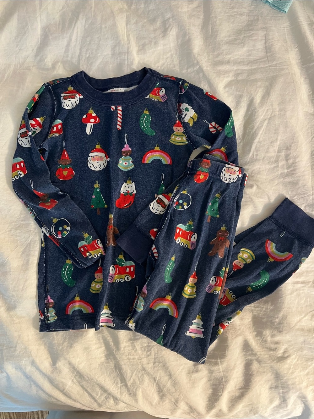 Hanna Anderson Kids Navy Christmas Ornament Pajama Set, sz 6-7